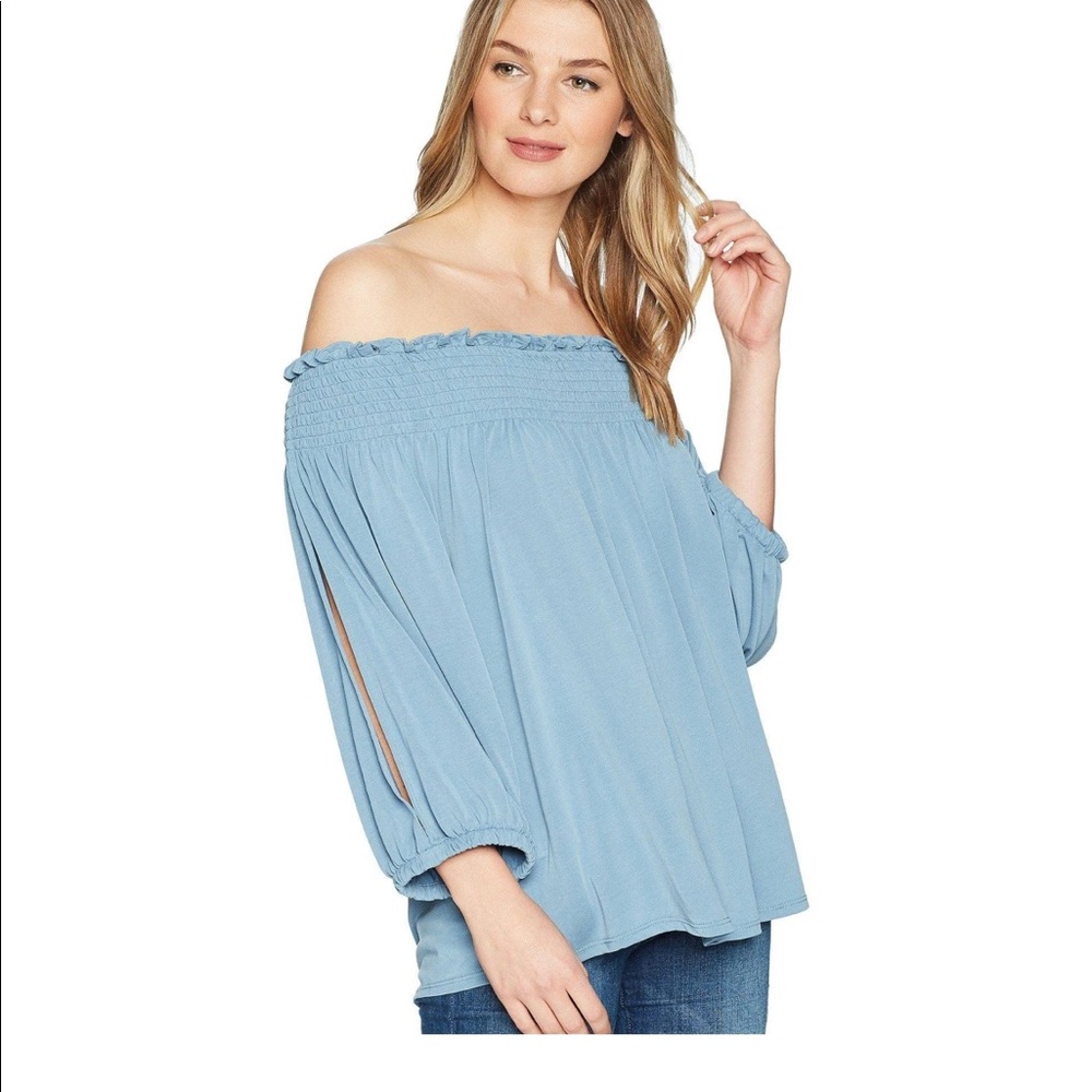 1. State off the shoulder slate blue shirt
